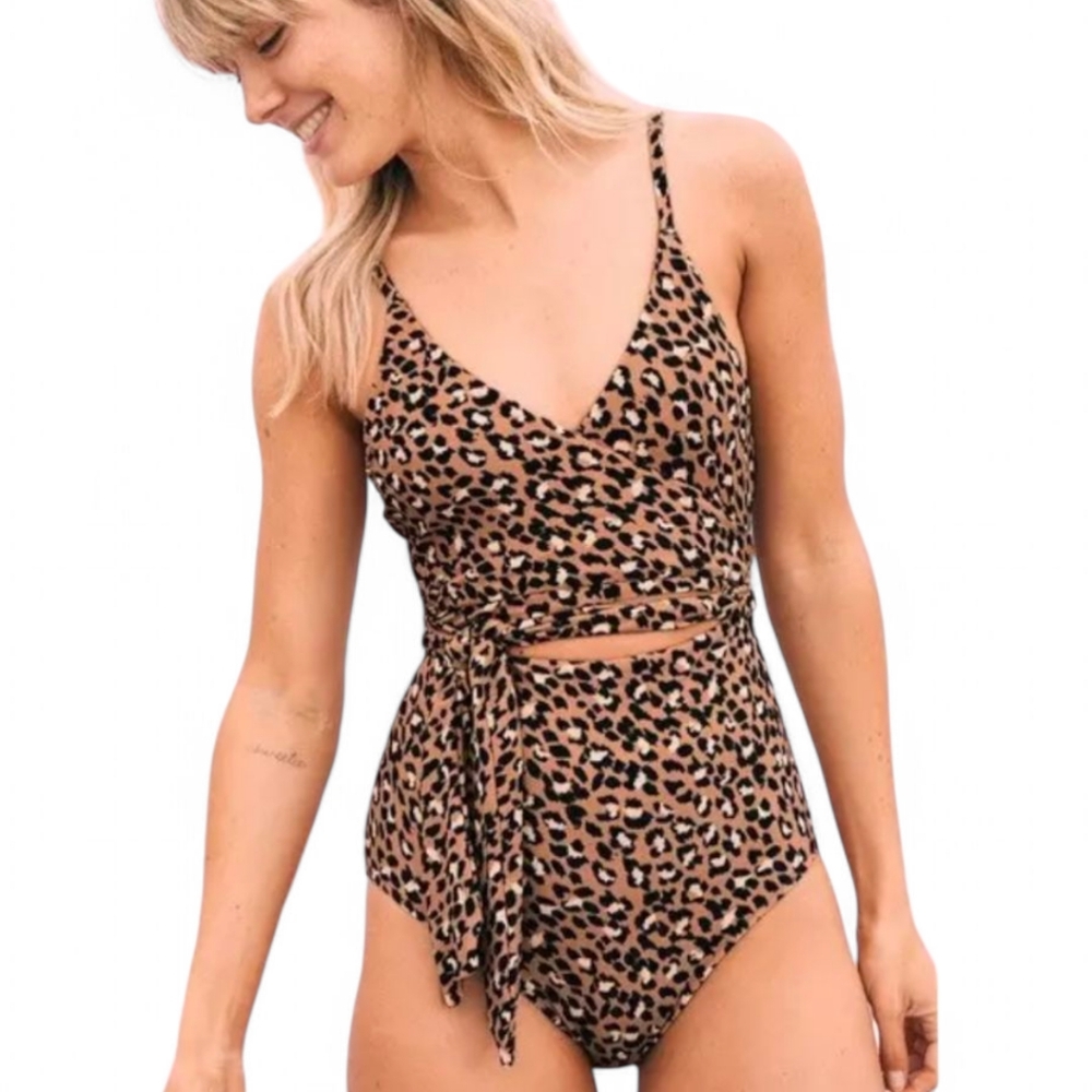 Aerie One Piece Full Coverage Leopard Print‎ Tie Waist Detail Swimsuit Womens M